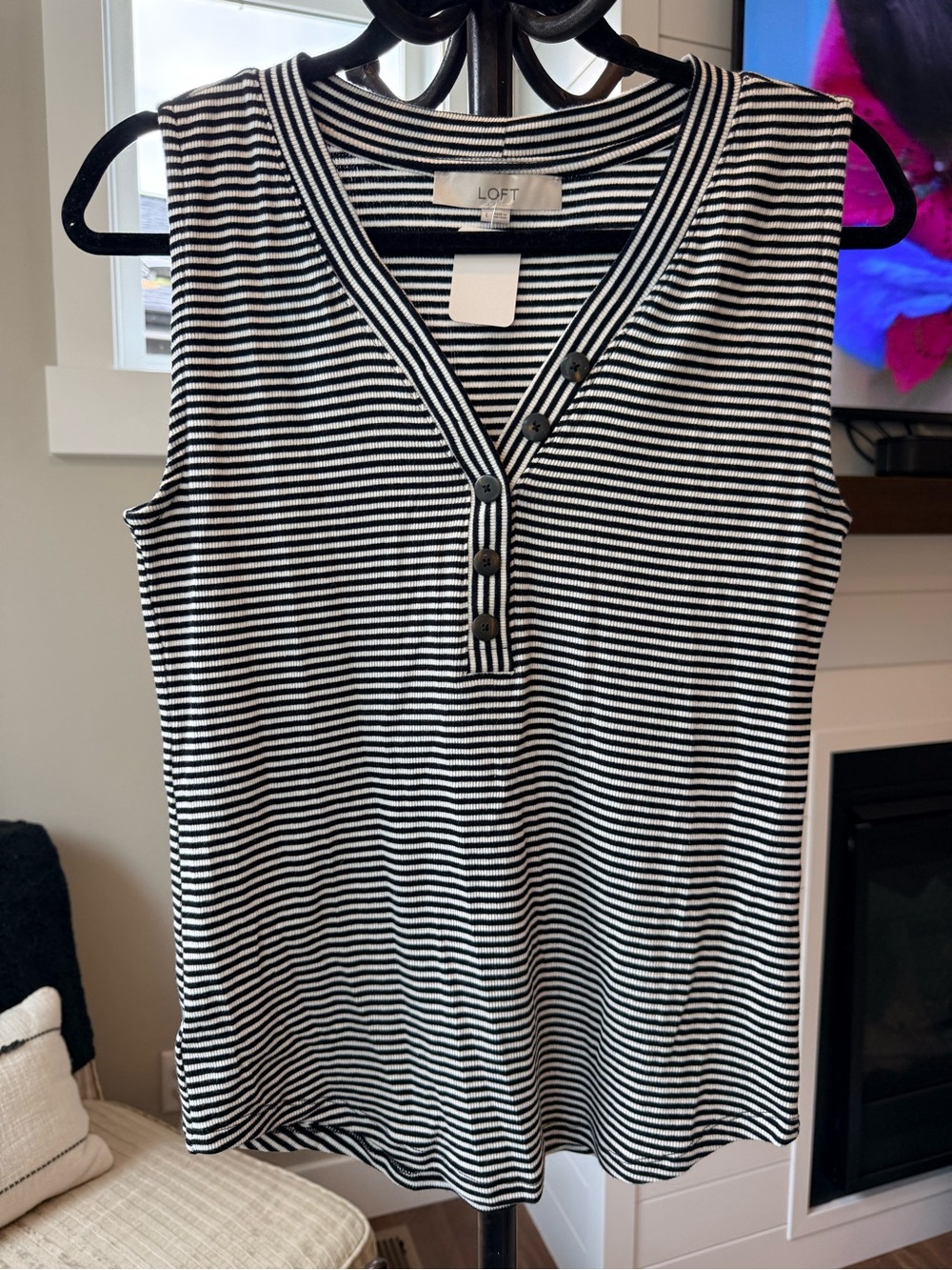 LOFT Black & White Striped Sleeveless Henley Tank